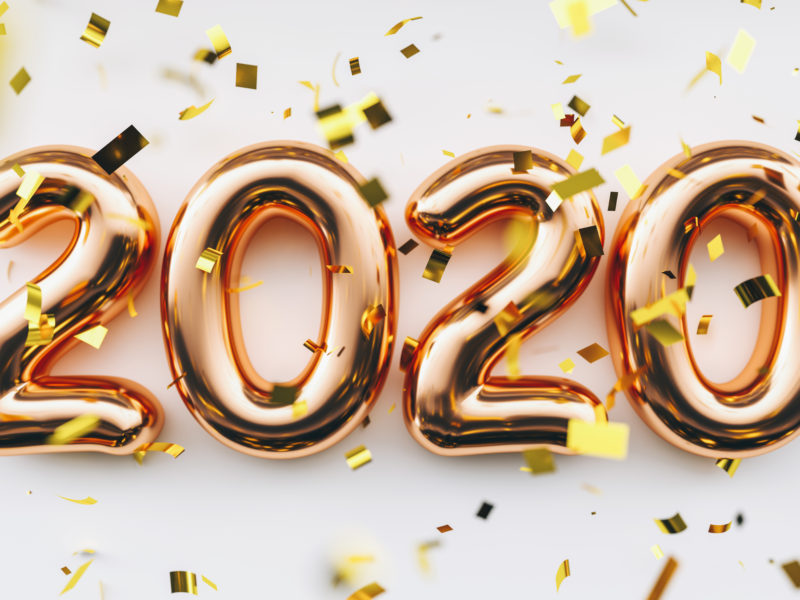 Happy New 2020 Year. Holiday copper metallic numbers 2020 and confetti on white background