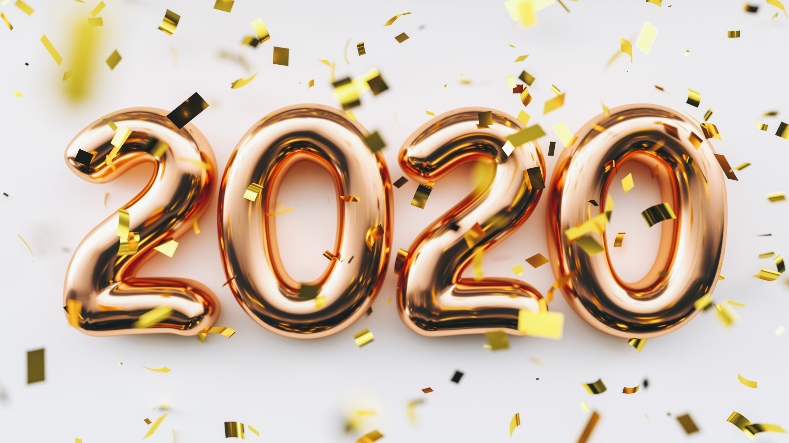 Happy New 2020 Year. Holiday copper metallic numbers 2020 and confetti on white background